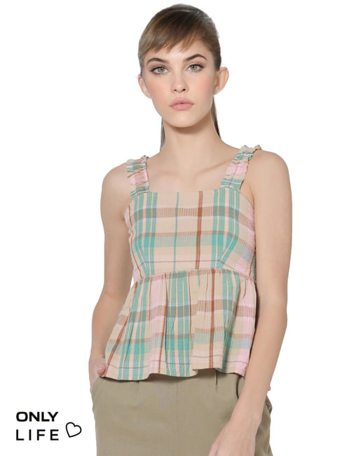 Multi-coloured Check Smocked Top