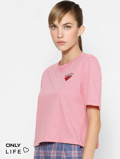 Pink Striped Embroidered T-shirt
