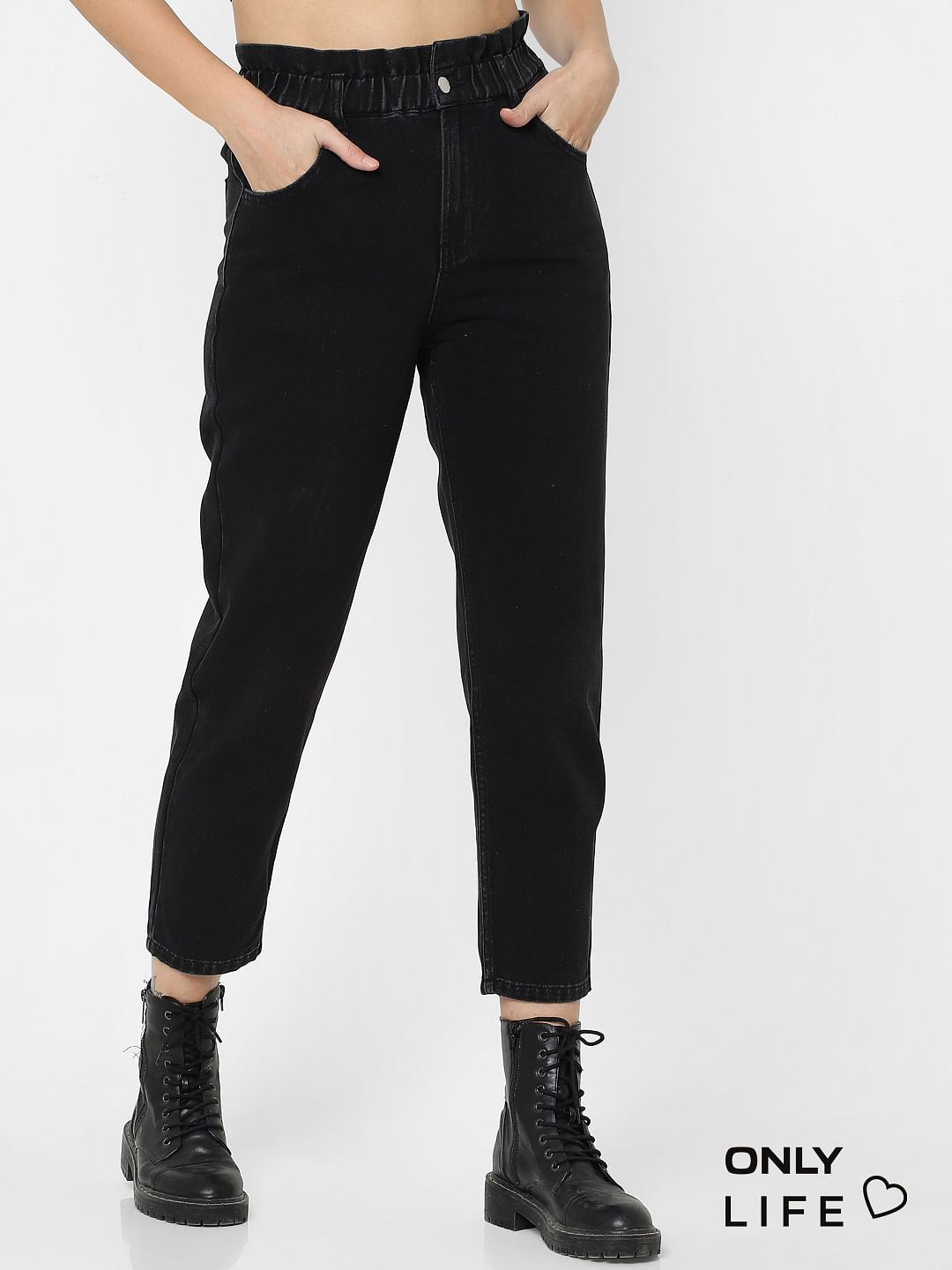 black high rise carrot leg jeans