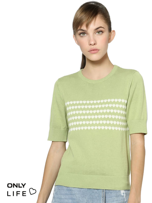 Green Heart Print Knit Top