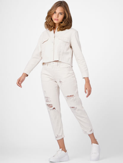 White High Rise Slouchy Fit Torn Jeans
