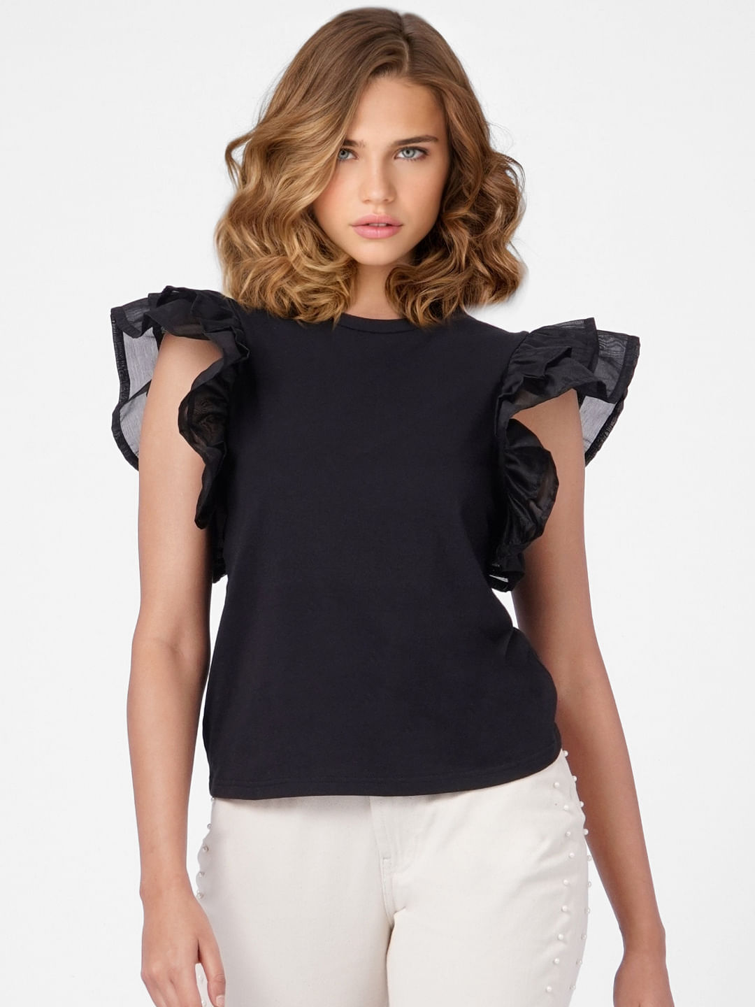 Black top with ruffle sleeves online