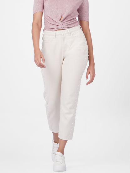 White Mid Rise Faux Pearl Straight Jeans
