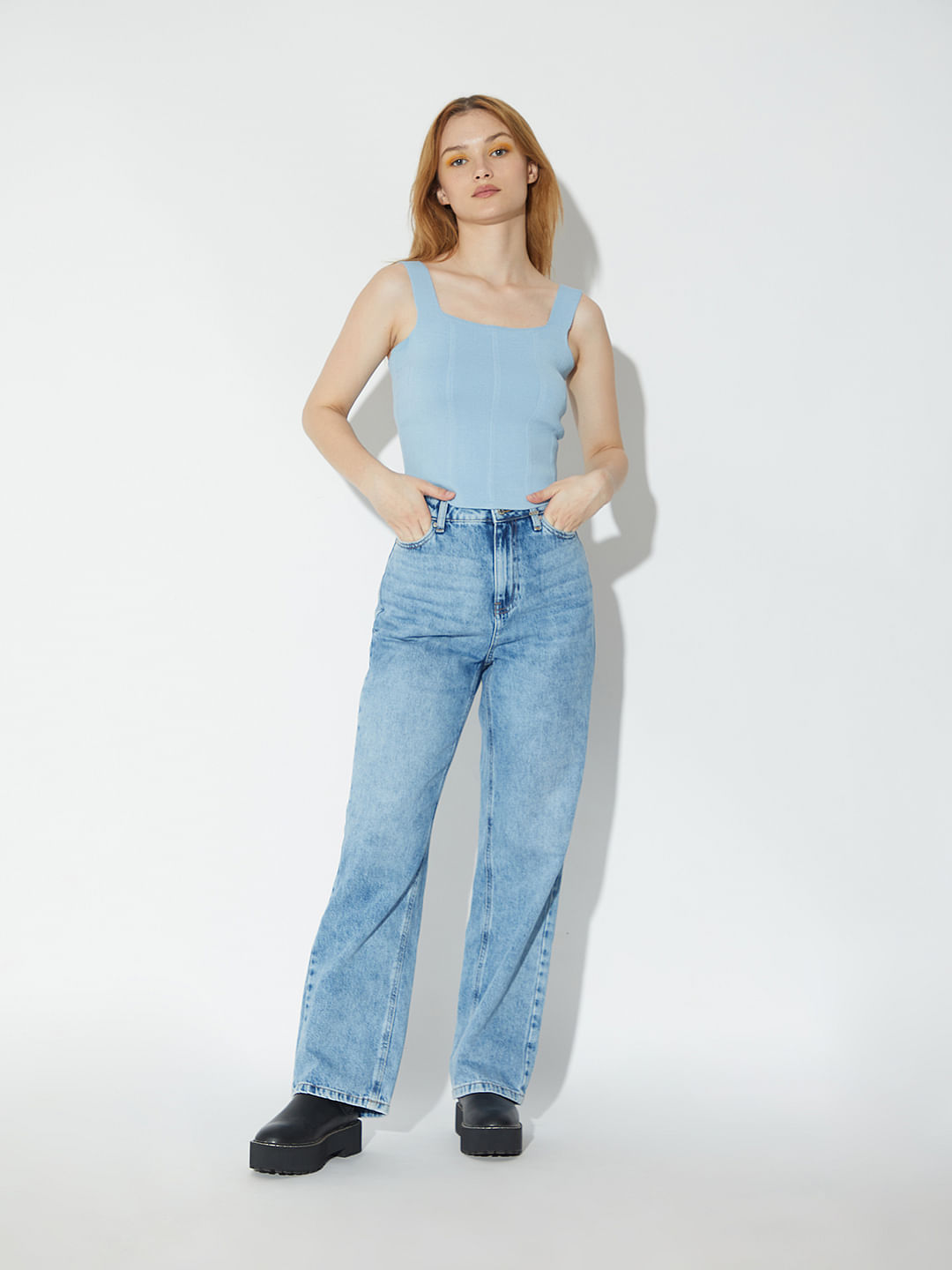 DENIM LIKE KNIT BUSTIER KNIT PANTS - パンツ