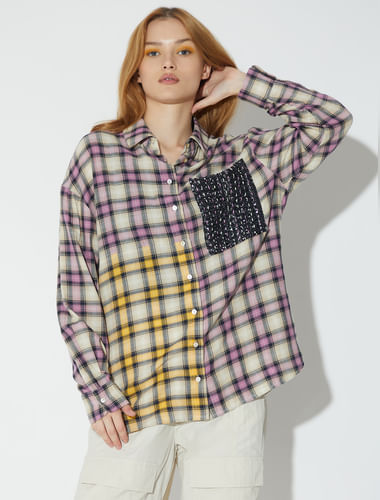 ONLY X ARTVERSE Beige Oversized Checked Shirt