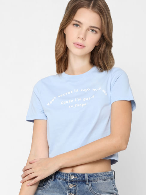 Light Blue Slogan Print Cropped T-shirt