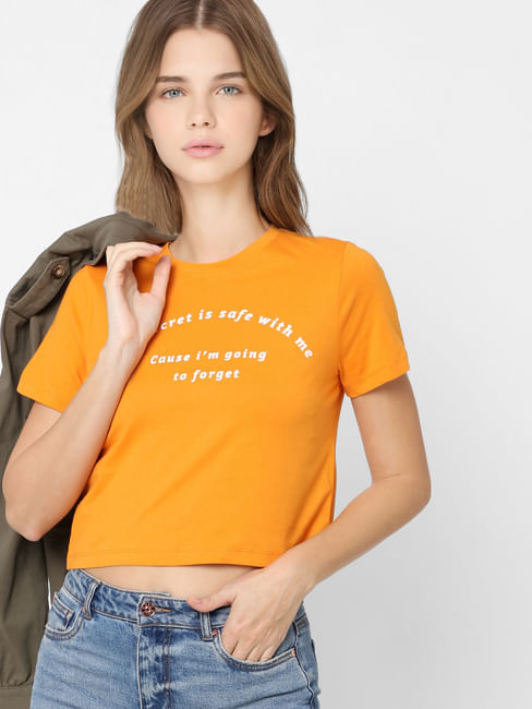 Orange Slogan Print Cropped T-shirt