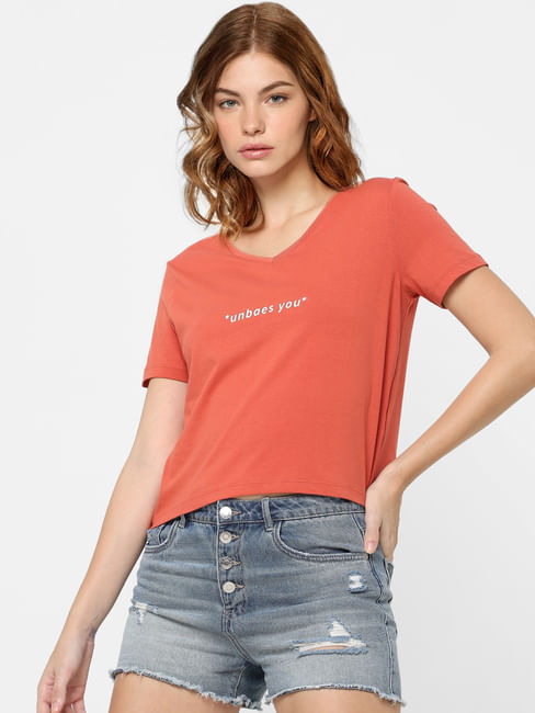Orange V Neck Slogan Print T-shirt