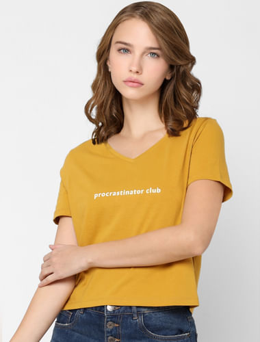 Mustard V Neck Slogan Print T-shirt