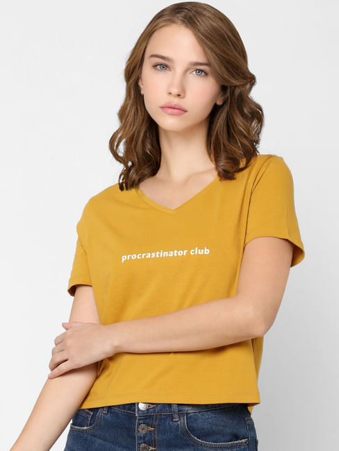 Mustard V Neck Slogan Print T-shirt