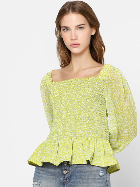 Yellow Puff Sleeves Smocked Top 