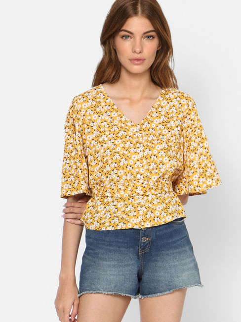 Yellow Floral V Neck Top 