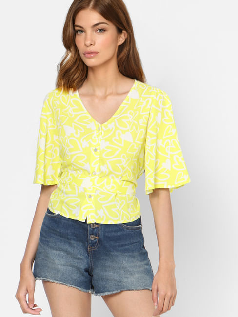 Yellow Printed V Neck Top 