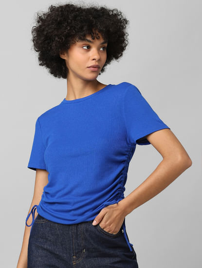 Blue Ruched Ribbed Top