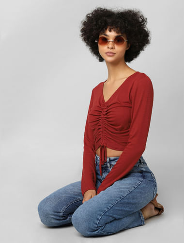 Rust Ruched Ribbed Crop Top