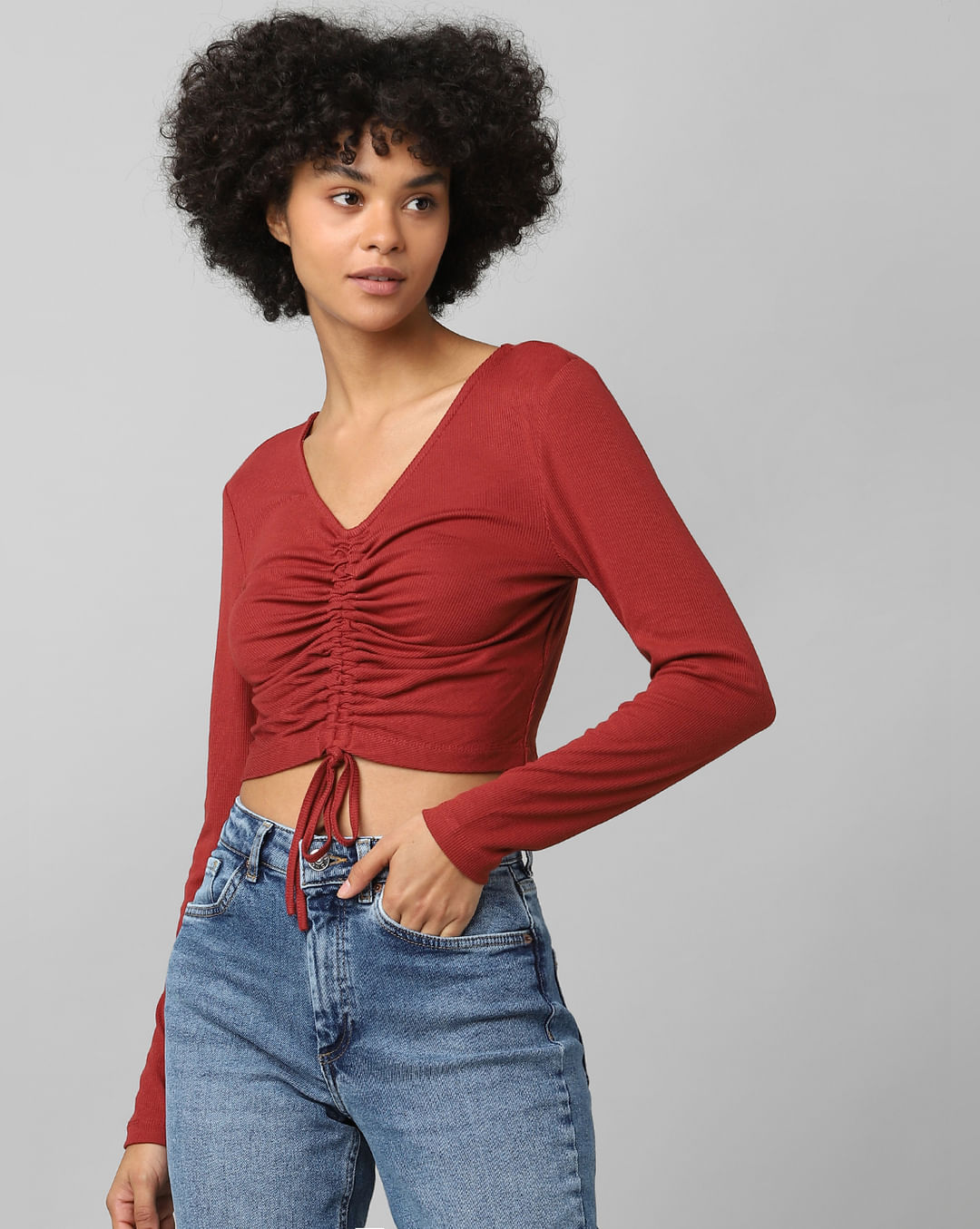 Long Sleeve Ruched Bra, Suede Sports Crop Top