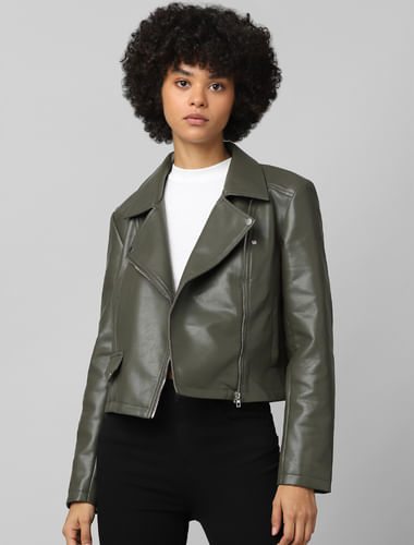 Green Cropped Faux Leather Jacket