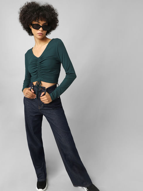 Dark Green Ruched Ribbed Crop Top
