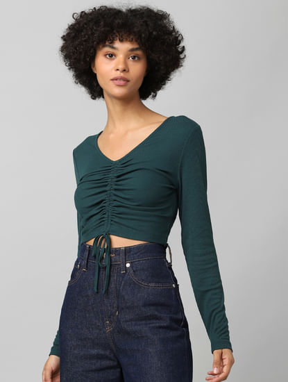 Dark Green Ruched Ribbed Crop Top