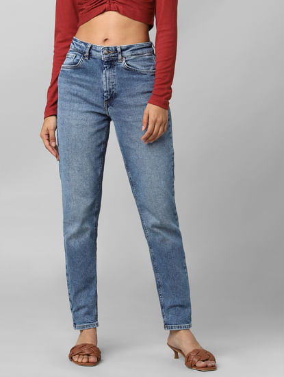 Blue High Rise Faded Mom Jeans