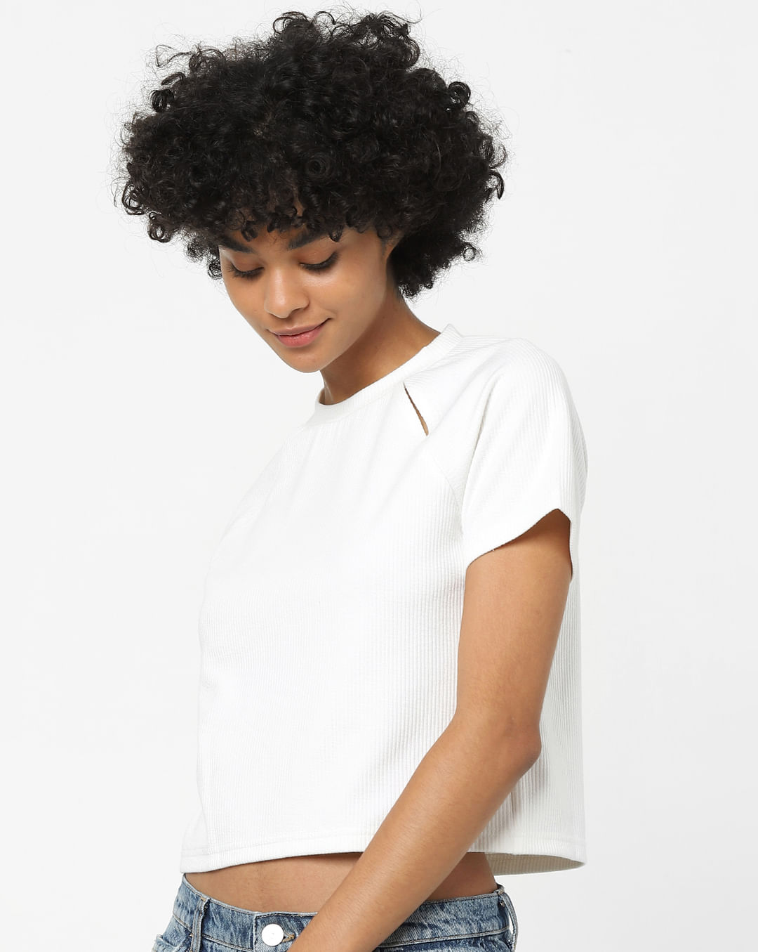 White Cut-Out Knit Cropped T-shirt|233209201-Cloud-Dancer