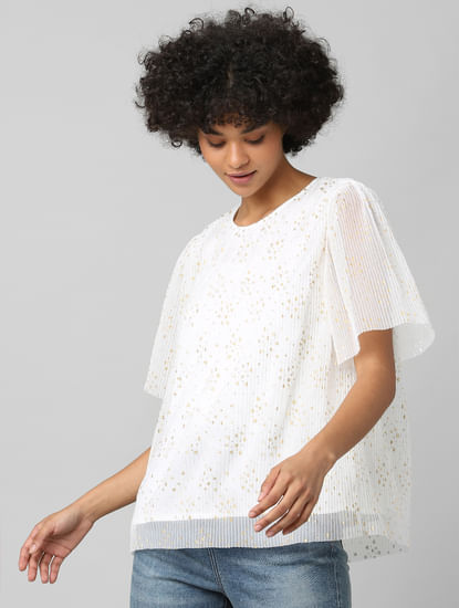 White Pleated Foil Print Top