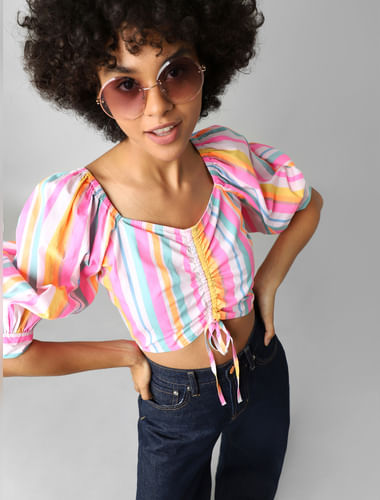 Multi-Colour Striped Cropped Ruched Top