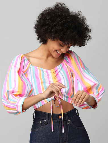 Multi-Colour Striped Cropped Ruched Top
