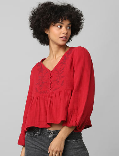 Red Embroidered Flared Top
