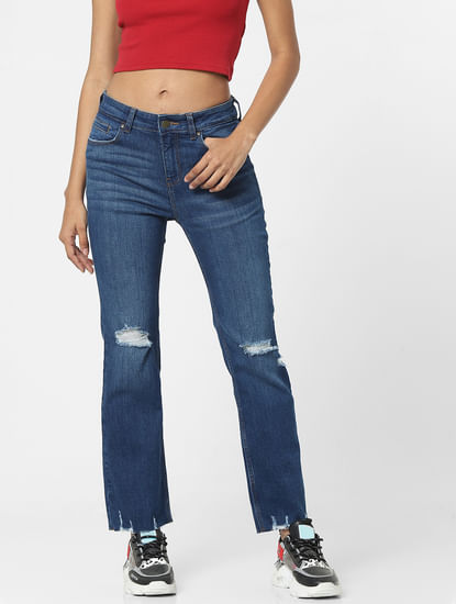 Blue High Waist Distressed Flared Jeans