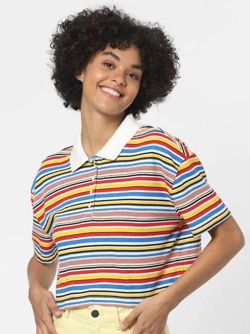 Multi-Coloured Striped Polo Neck Top