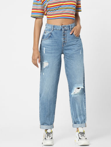Blue High-Waist Distressed Comfort Fit Jeans