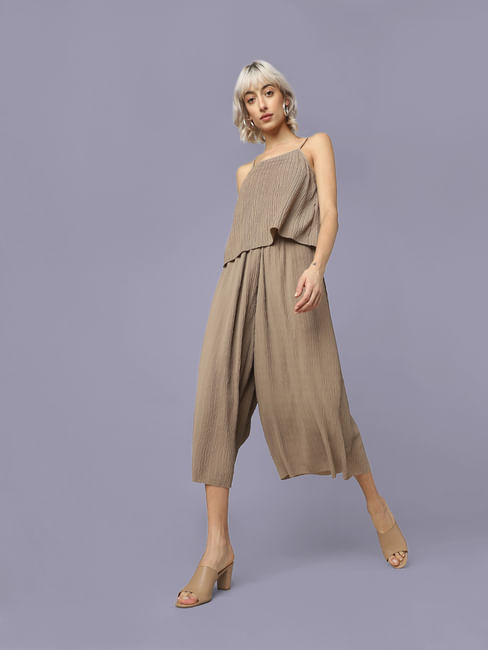 Brown High Rise Crinkled Co-ord Pants