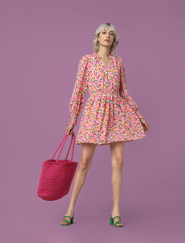 Cream & Pink Floral Chiffon Mini Dress