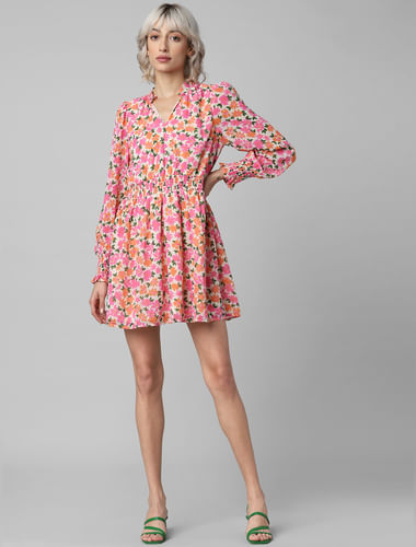 Cream & Pink Floral Chiffon Mini Dress