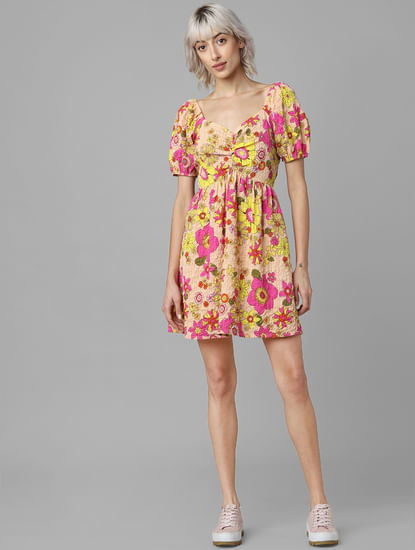 Peach Floral Print Puff Sleeves Dress