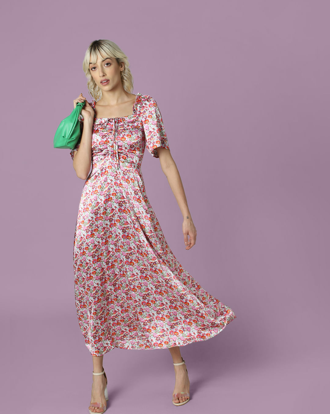 Pink Floral Satin Maxi Dress