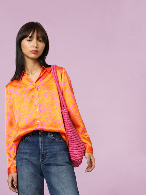 Pink & Orange Printed Satin Shirt