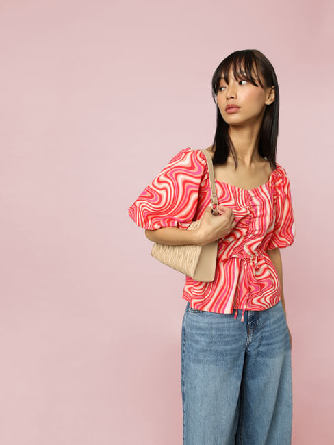 Red Printed Balloon-Sleeved Top