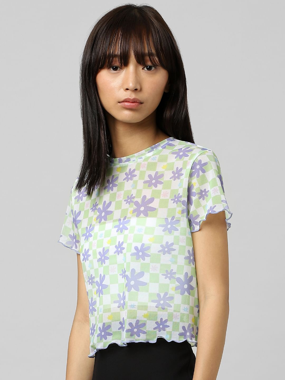 White mesh hot sale floral top