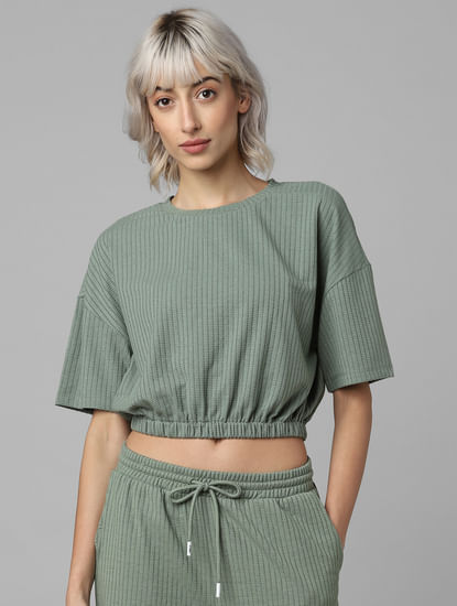 Green Textured Cropped Co-ord Sweatshirt