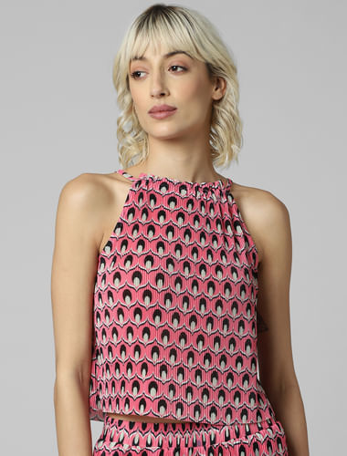 Pink Printed Pleated Co-ord Set Top