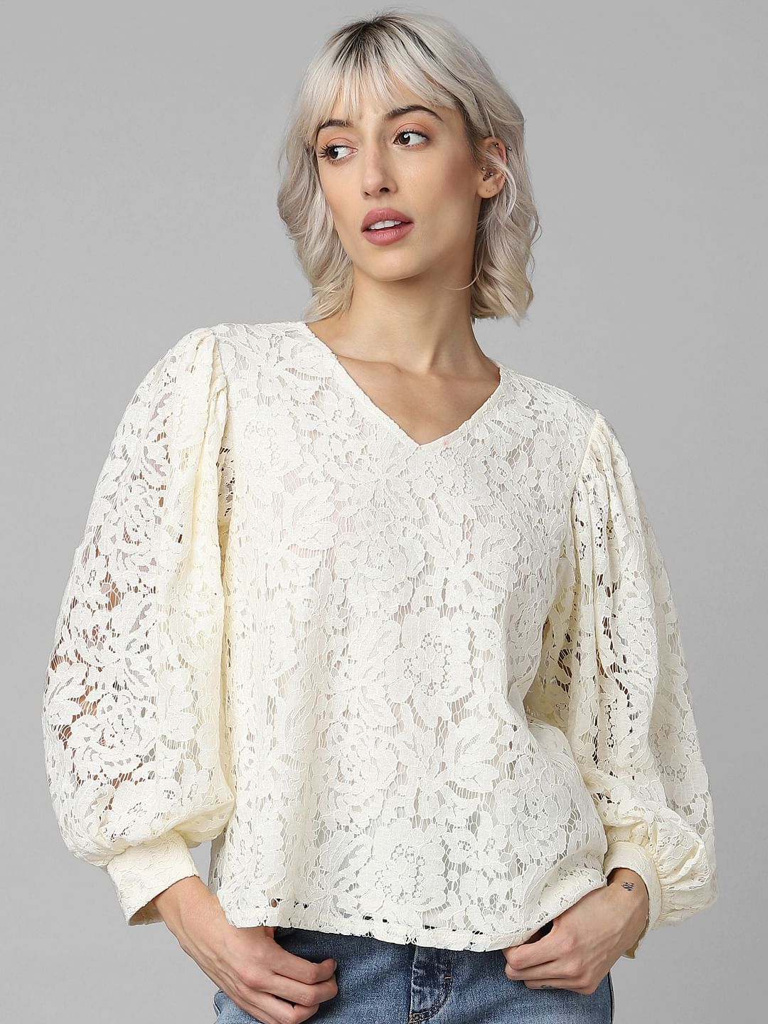 Cream Lace V Neck Top