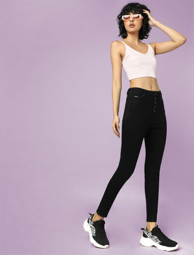 Black High Rise Buttoned Skinny Jeans