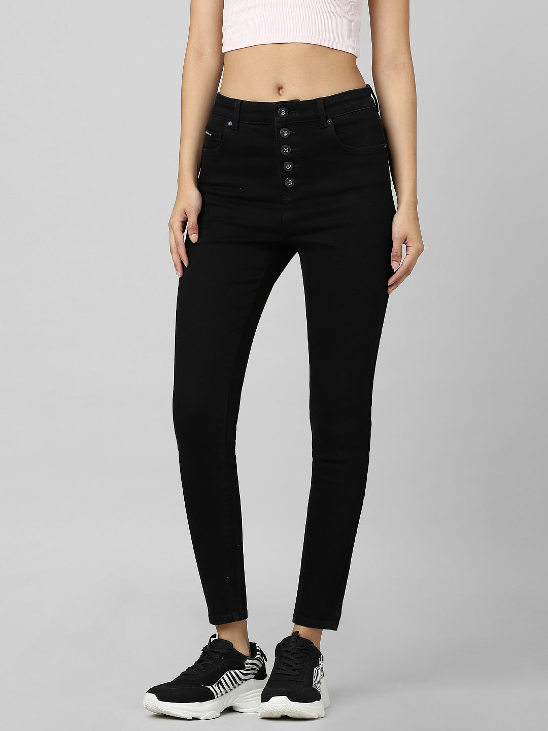 High waisted button black hot sale jeans