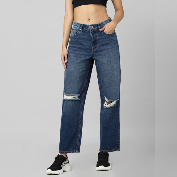 BESTSELLER CLOTHING Dark Blue Mid Rise Distressed Wide Leg Jeans