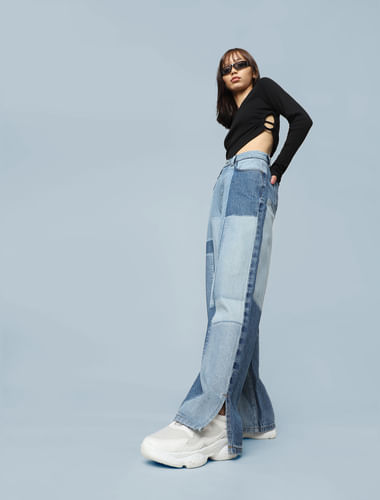 Light Blue High Rise Patchwork Straight Fit Jeans