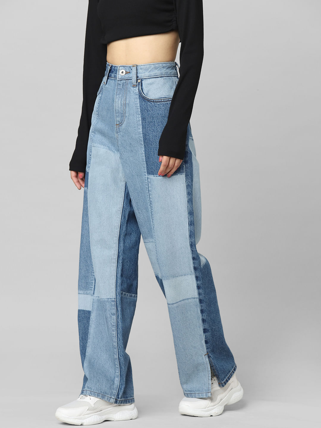 Light Blue High Rise Patchwork Straight Fit Jeans