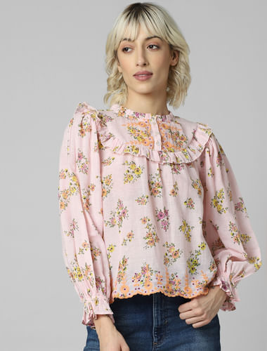 Pink Floral Frill Trimmed Top
