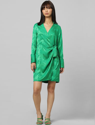 Green Printed Jacquard Wrap Dress